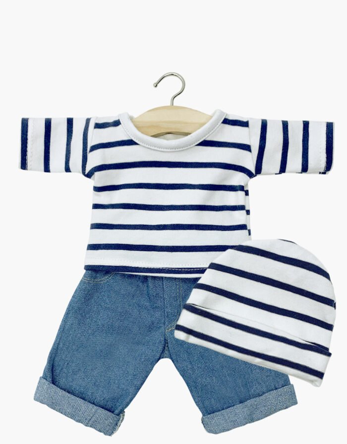 minikane-vetements-poupees-gordis-ensemble-mariniere-a-rayures-bleues-et-pantalon-en-jean-avec-son-bonnet Синій матроський топ у смужку та джинсові штани з капелюхом - Зображення 1