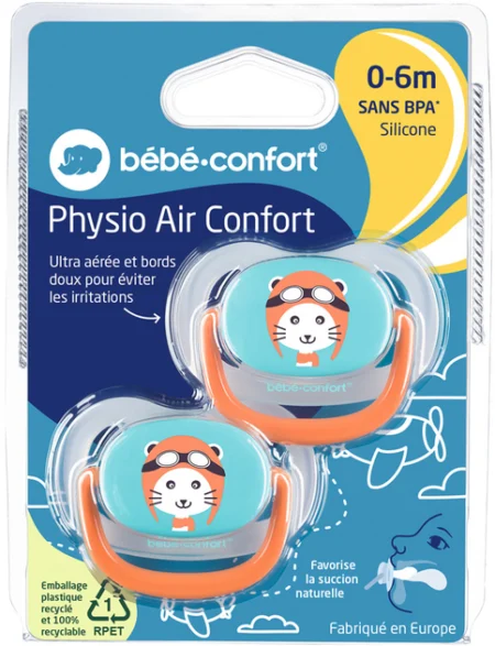 Пустушка силіконова BEBE CONFORT 2 шт PHYSIO AIR DUMMY TRAVELLER 0/6  синя та помаранчева