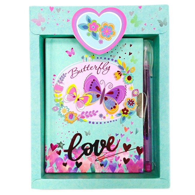 601262_1 Блокнот дитячий на замочку в подар.коробочці з ручкою 150x110mm, 70g, 56 л, Метелик - Зображення 1
