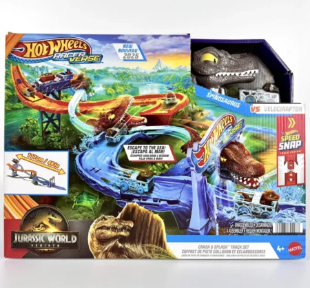 Іграшковий набір Hot Wheels RacerVerse «Світ Юрського періоду: Краш-енд-Сплеш» із литим велоцираптором