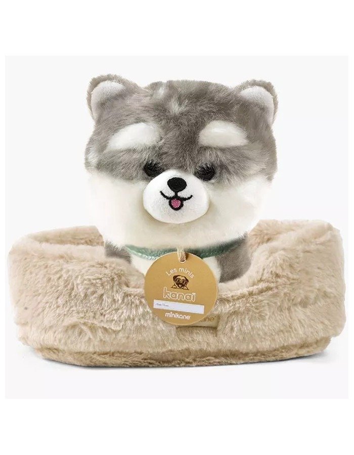 1 Айко, плюшева собачка 18 см з нашийником та бежевим кошиком зі штучного хутра - Зображення 1