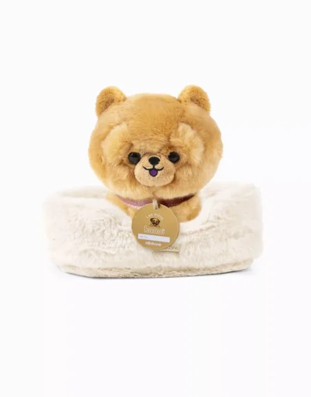 Локі, плюшевий песик 18 см з нашийником та кошиком зі штучного хутра кольору екрю